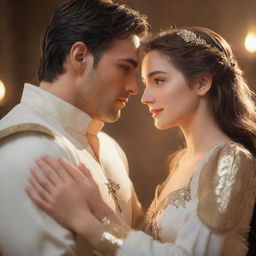 A gentle heroine placing her hand on the heart of a hero, looking at him with eyes radiating love and tenderness in a beautifully illuminated scene.