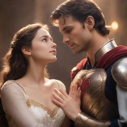 A gentle heroine placing her hand on the heart of a hero, looking at him with eyes radiating love and tenderness in a beautifully illuminated scene.