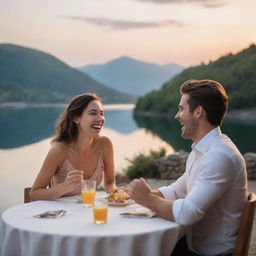 A joyful hero and heroine laughing and sharing jokes in an intimate, ambient restaurant with a stunning view overlooking a serene, beautiful lake during sunset.