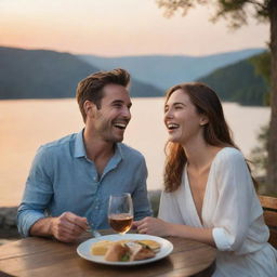 A joyful hero and heroine laughing and sharing jokes in an intimate, ambient restaurant with a stunning view overlooking a serene, beautiful lake during sunset.