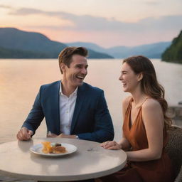 A joyful hero and heroine laughing and sharing jokes in an intimate, ambient restaurant with a stunning view overlooking a serene, beautiful lake during sunset.