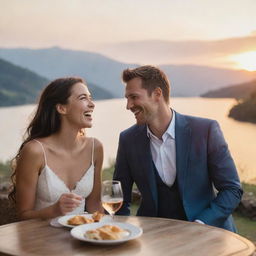 A joyful hero and heroine laughing and sharing jokes in an intimate, ambient restaurant with a stunning view overlooking a serene, beautiful lake during sunset.