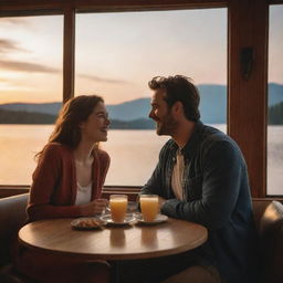 An intimate scene of a cheerful hero and heroine sharing laughter and jokes in a cozy, well-lit restaurant with large windows overlooking a beautiful, serene lake during sunset.