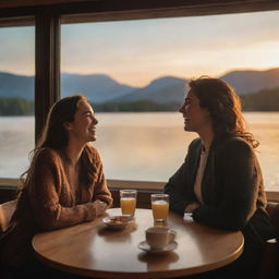 An intimate scene of a cheerful hero and heroine sharing laughter and jokes in a cozy, well-lit restaurant with large windows overlooking a beautiful, serene lake during sunset.