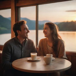 An intimate scene of a cheerful hero and heroine sharing laughter and jokes in a cozy, well-lit restaurant with large windows overlooking a beautiful, serene lake during sunset.