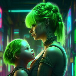 Create a hyper-realistic, UHD neon cyberpunk image of a green-haired pregnant woman, astonished by the beauty and perfection of her unborn baby. Highlight vivid colors, natural textures, and high details.