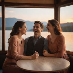 An intimate scene of a cheerful hero and heroine sharing laughter and jokes in a cozy, well-lit restaurant with large windows overlooking a beautiful, serene lake during sunset.