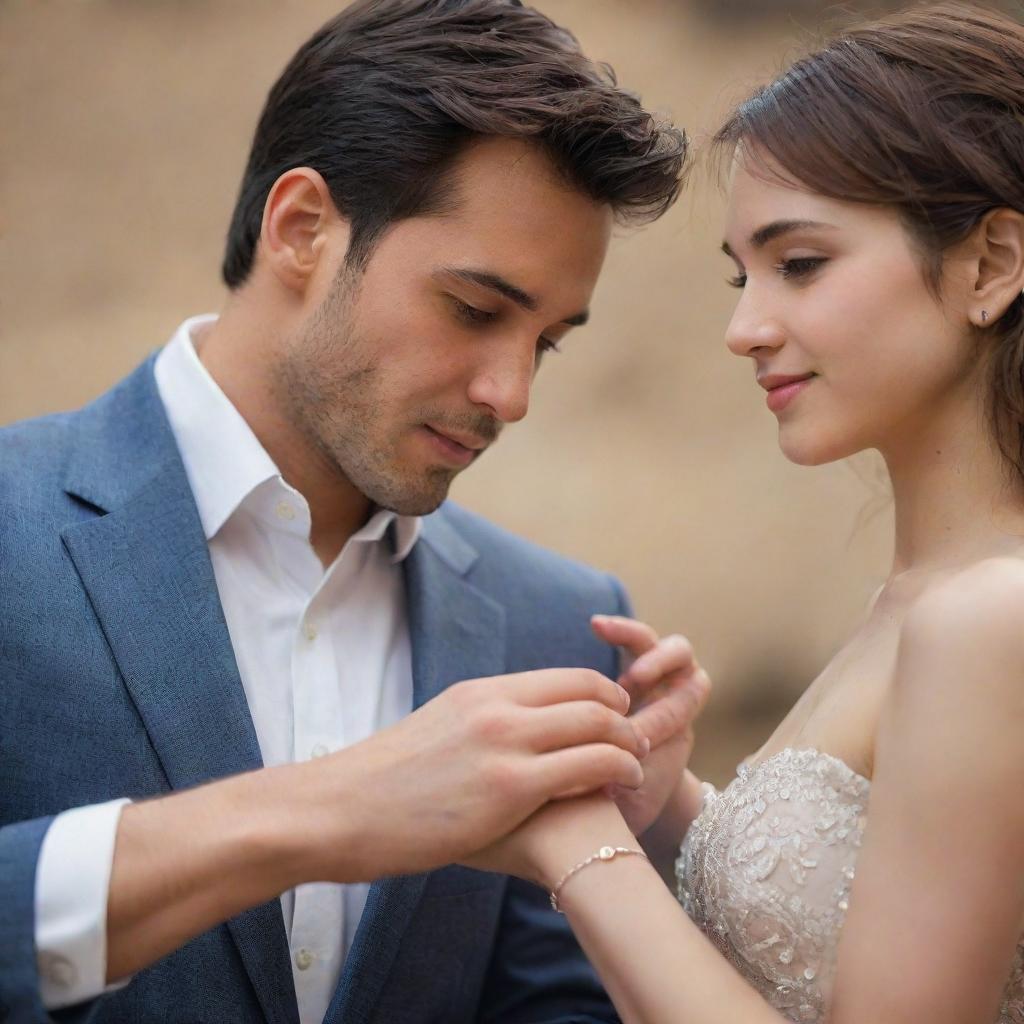 A romantic moment where a hero presents a heroine with a delicate bracelet symbolizing his love and dedication. Delightfully lit background underscoring the intensity of the moment.