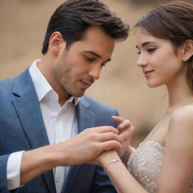 A romantic moment where a hero presents a heroine with a delicate bracelet symbolizing his love and dedication. Delightfully lit background underscoring the intensity of the moment.