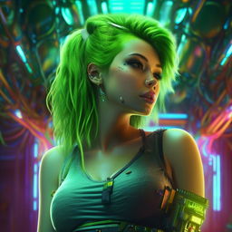 Create a hyper-realistic, UHD neon cyberpunk image of a green-haired pregnant woman, astonished by the beauty and perfection of her unborn baby. Highlight vivid colors, natural textures, and high details.