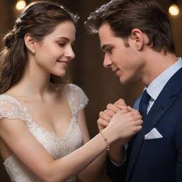 A romantic moment where a hero presents a heroine with a delicate bracelet symbolizing his love and dedication. Delightfully lit background underscoring the intensity of the moment.