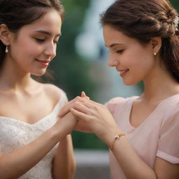 A romantic moment where a hero presents a heroine with a delicate bracelet symbolizing his love and dedication. Delightfully lit background underscoring the intensity of the moment.