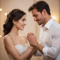 A romantic moment where a hero presents a heroine with a delicate bracelet symbolizing his love and dedication. Delightfully lit background underscoring the intensity of the moment.