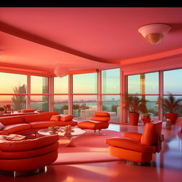 1980s Miami penthouse in high definition, displaying the vibrant colors, stylish interior design, and architectural details characteristic of the era