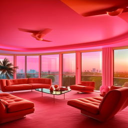 1980s Miami penthouse in high definition, displaying the vibrant colors, stylish interior design, and architectural details characteristic of the era