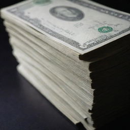 A close-up view of a stack of shiny, crisp new dollar bills, set against a dark, dramatic background.