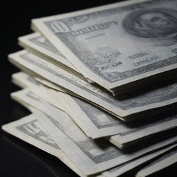 A close-up view of a stack of shiny, crisp new dollar bills, set against a dark, dramatic background.