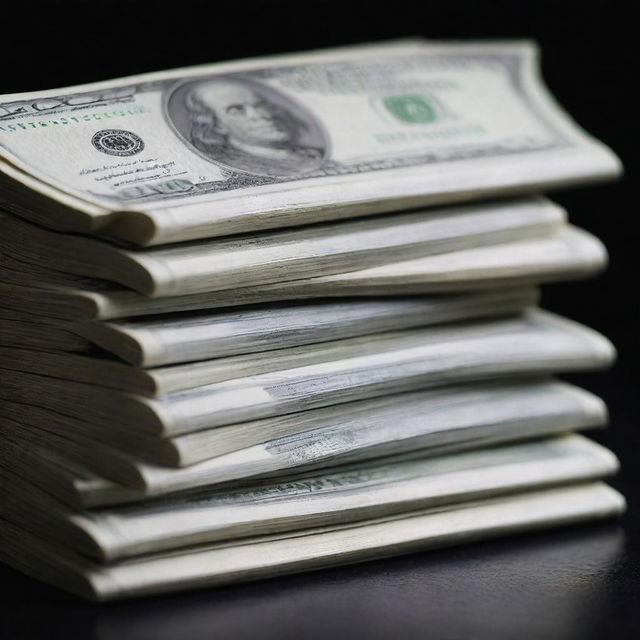 A close-up view of a stack of shiny, crisp new dollar bills, set against a dark, dramatic background.