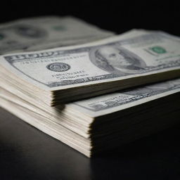 A close-up view of a stack of shiny, crisp new dollar bills, set against a dark, dramatic background.