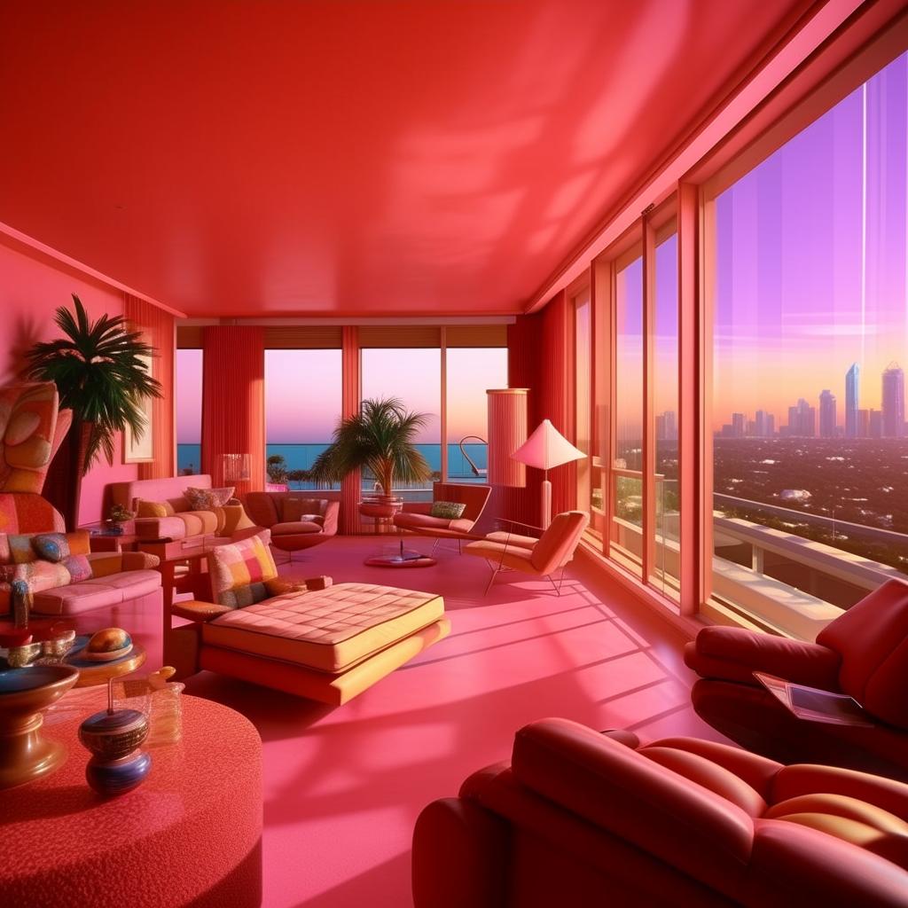 1980s Miami penthouse in high definition, displaying the vibrant colors, stylish interior design, and architectural details characteristic of the era