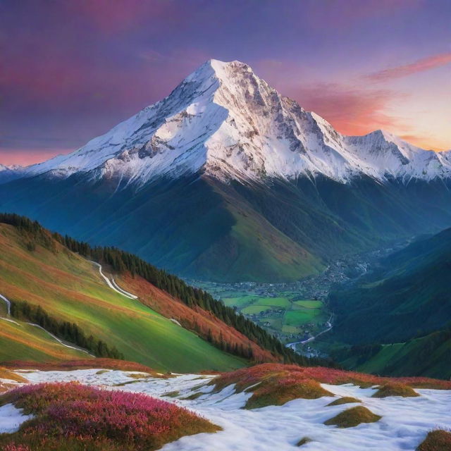 A breathtaking landscape featuring a majestic, snow-covered mountain with verdant valleys at its base, under a sky bursting with colors of dawn.