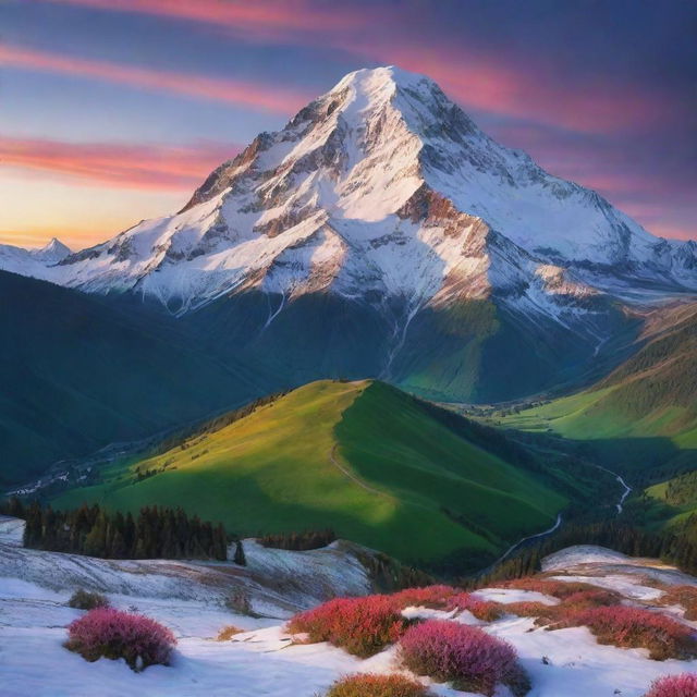 A breathtaking landscape featuring a majestic, snow-covered mountain with verdant valleys at its base, under a sky bursting with colors of dawn.