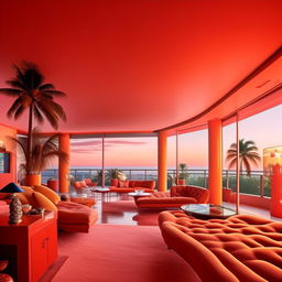 1980s Miami penthouse in high definition, displaying the vibrant colors, stylish interior design, and architectural details characteristic of the era