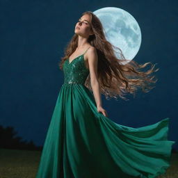 A girl with long, flowing hair, dressed in an elegant green gown, stands under the shimmering glow of a full moon that pierces the still, midnight sky.