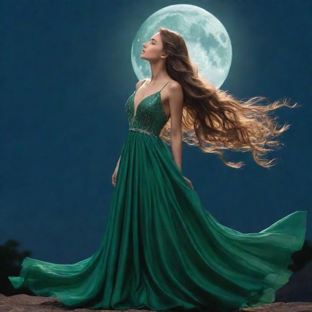 A girl with long, flowing hair, dressed in an elegant green gown, stands under the shimmering glow of a full moon that pierces the still, midnight sky.