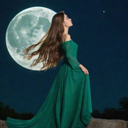 A girl with long, flowing hair, dressed in an elegant green gown, stands under the shimmering glow of a full moon that pierces the still, midnight sky.