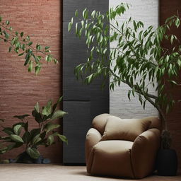 Architectural photography of a textured brick wall with a stylish armchair, a pot of sprawling green branches, and a large black and white abstract artwork