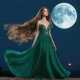 A girl with long, flowing hair, dressed in an elegant green gown, stands under the shimmering glow of a full moon that pierces the still, midnight sky.