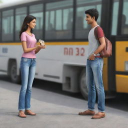 Realistic 3D image of a boy in jeans standing at a bus stand, handing a 10 Indian rupees coin to his girlfriend.