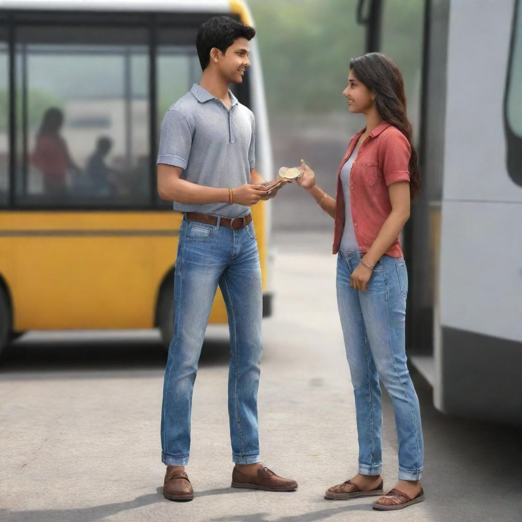 Realistic 3D image of a boy in jeans standing at a bus stand, handing a 10 Indian rupees coin to his girlfriend.