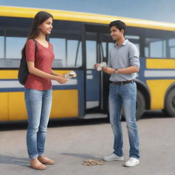 Realistic 3D image of a boy in jeans standing at a bus stand, handing a 10 Indian rupees coin to his girlfriend.