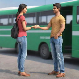 Realistic 3D image of a boy in jeans standing at a bus stand, handing a 10 Indian rupees coin to his girlfriend.