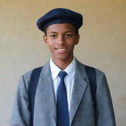 A 16-year-old young man wearing a school uniform, posing for a picture at school with a cap worn backwards.