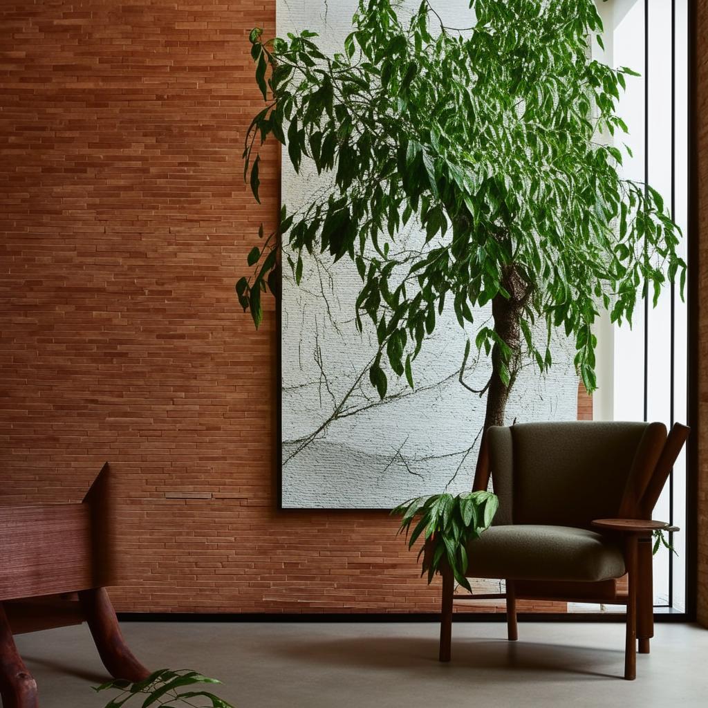 Architectural photography of a textured brick wall with a stylish armchair, a pot of sprawling green branches, and a large black and white abstract artwork