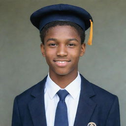 A 16-year-old young man wearing a school uniform, posing for a picture at school with a cap worn backwards.