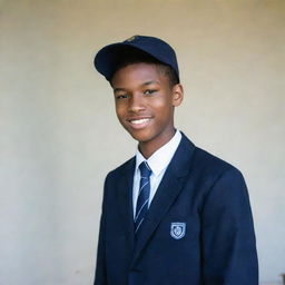 A 16-year-old young man wearing a school uniform, posing for a picture at school with a cap worn backwards.