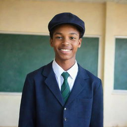 A 16-year-old young man wearing a school uniform, posing for a picture at school with a cap worn backwards.