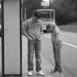 A young boy standing at a bus stop, dressed in jeans, while his girlfriend nearby is lost in thought.