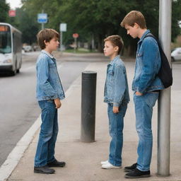 A young boy standing at a bus stop, dressed in jeans, while his girlfriend nearby is lost in thought.