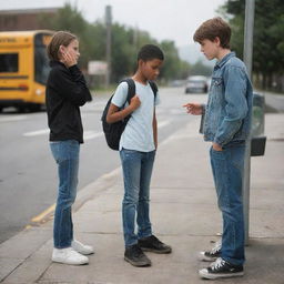 A young boy standing at a bus stop, dressed in jeans, while his girlfriend nearby is lost in thought.