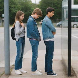 A young boy standing at a bus stop, dressed in jeans, while his girlfriend nearby is lost in thought.