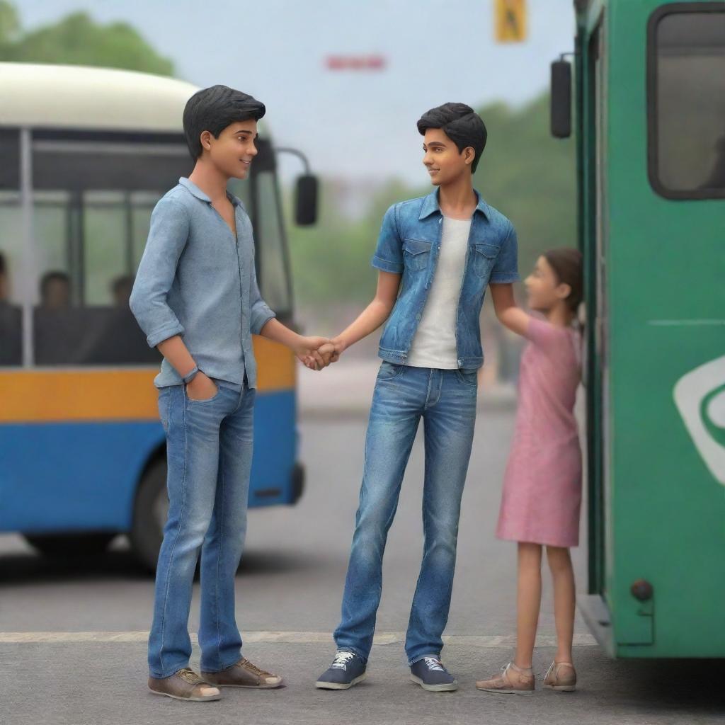 A realistic 3D scene of a boy, dressed in jeans, standing at a bus stand, extending a 10 Indian rupees coin towards his girlfriend.