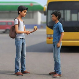 A realistic 3D scene of a boy, dressed in jeans, standing at a bus stand, extending a 10 Indian rupees coin towards his girlfriend.