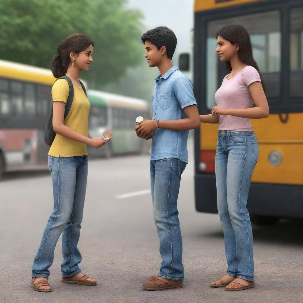 A realistic 3D scene of a boy, dressed in jeans, standing at a bus stand, extending a 10 Indian rupees coin towards his girlfriend.