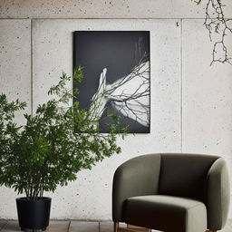 Architectural photography of a textured brick wall with a stylish armchair, a pot of sprawling green branches, and a large black and white abstract artwork