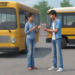 A realistic 3D scene of a boy, dressed in jeans, standing at a bus stand, extending a 10 Indian rupees coin towards his girlfriend.